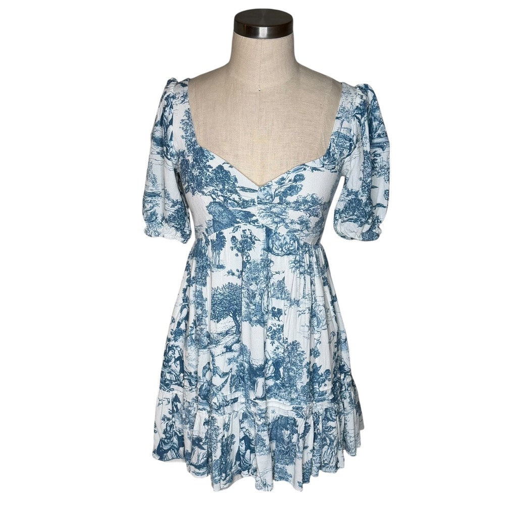 GIANNI BINI Mini Dress Blue Toile De Jouy Puff Sleeve Women's Size‎ 4 Pretty